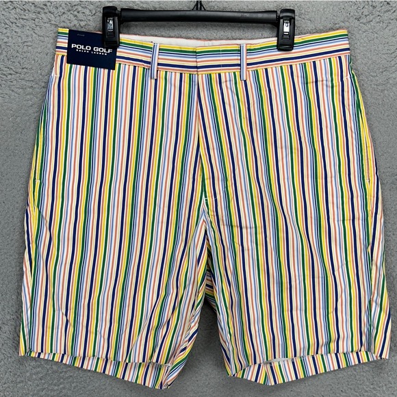 Polo Golf Ralph Lauren Mens Khakis Shorts 36 Multi Stripes Flat Front Pocket NEW
